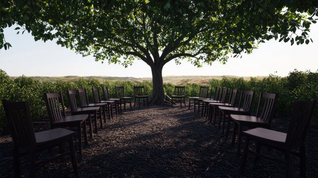 Empty Wooden Chairs Arranged in Circle Under Large Green Tree