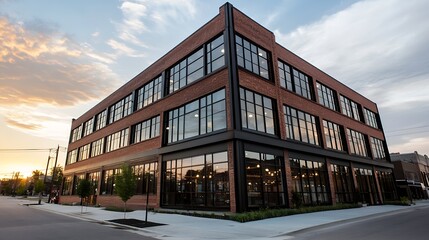 Obraz premium Brick Commercial Building with Floor to Ceiling Windows at Sunset in Urban Environment : Generative AI