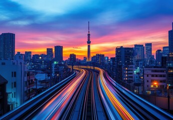Obraz premium Stunning Twilight View of Tokyo's Futuristic Cityscape with Vibrant Colors and Beautiful Sky, Showcasing Skyscrapers and Iconic Tower in Motion