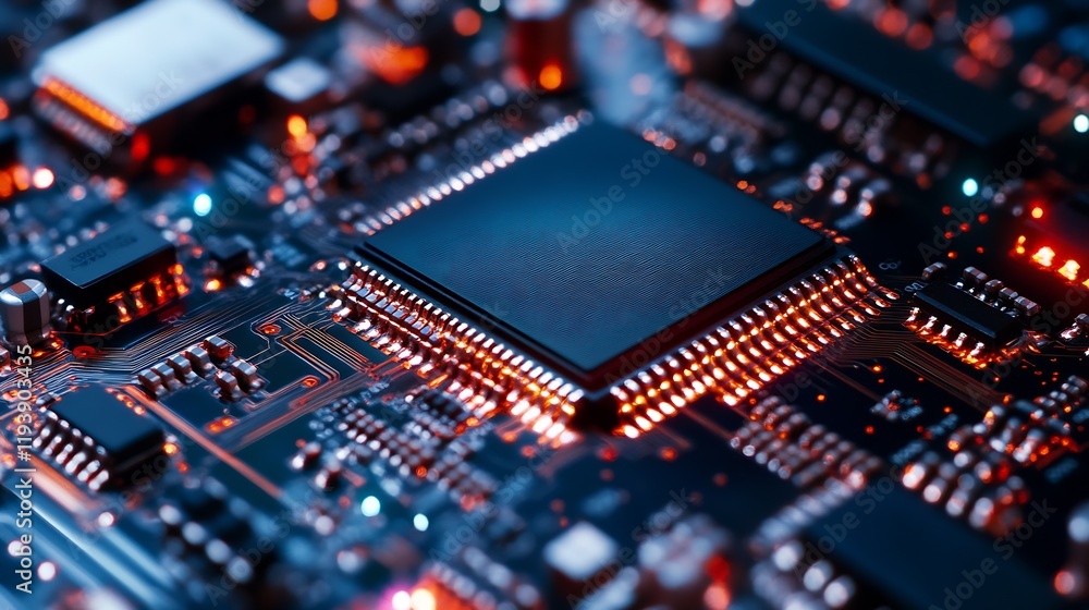 Poster Close-up of Modern Microchip on Circuit Board with Glowing Electronic Components : Generative AI