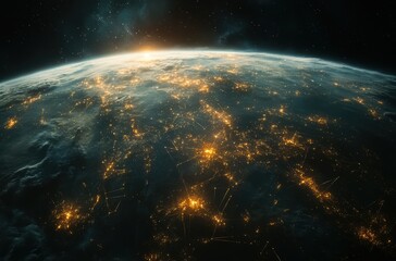Obraz premium Stunning View of Earth from Space During Dawn with Bright City Lights and Atmospheric Glow, Captivating Details of the Planet's Surface and Tiny Connections Shining Across the Horizon