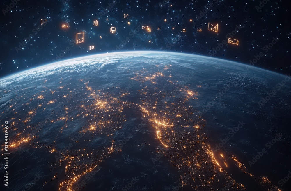 Poster stunning view of earth with technology icons floating above, illustrating connection and data exchan