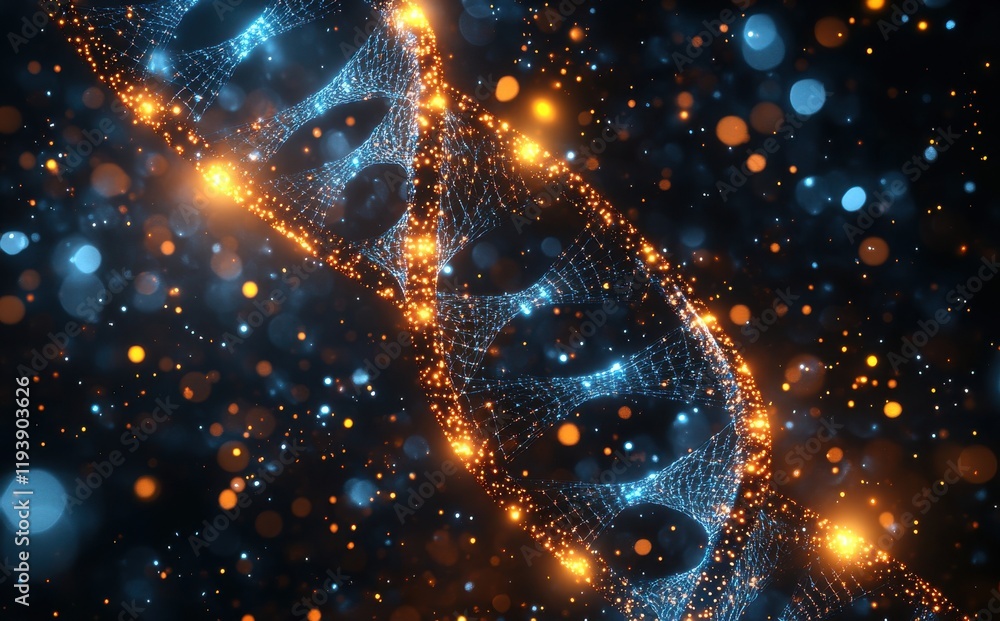 Poster stunning visualization of a double helix dna structure surrounded by glowing particle lights in a da