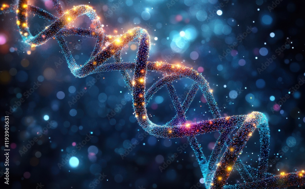 Poster stunning visualization of a colorful dna helix with glowing particles representing the complexity of