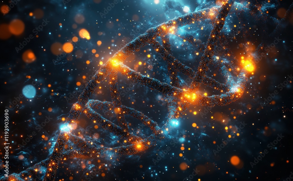 Poster stunning visualization of dna helix in cosmic style with bright particles and sparkling effects in a