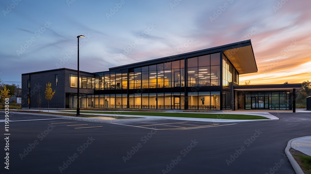 Poster modern architectural building with large glass windows at sunset : generative ai