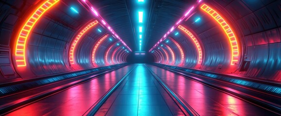 Technological tunnel illuminated by neon pink and blue lights, blending modernity with futuristic vibes
