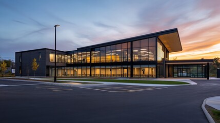 Obraz premium Modern Architectural Building with Large Glass Windows at Sunset : Generative AI