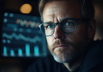 Thoughtful business professional analyzing data trends in a dark office with a computer screen displaying graphs and statistics for decision-making process