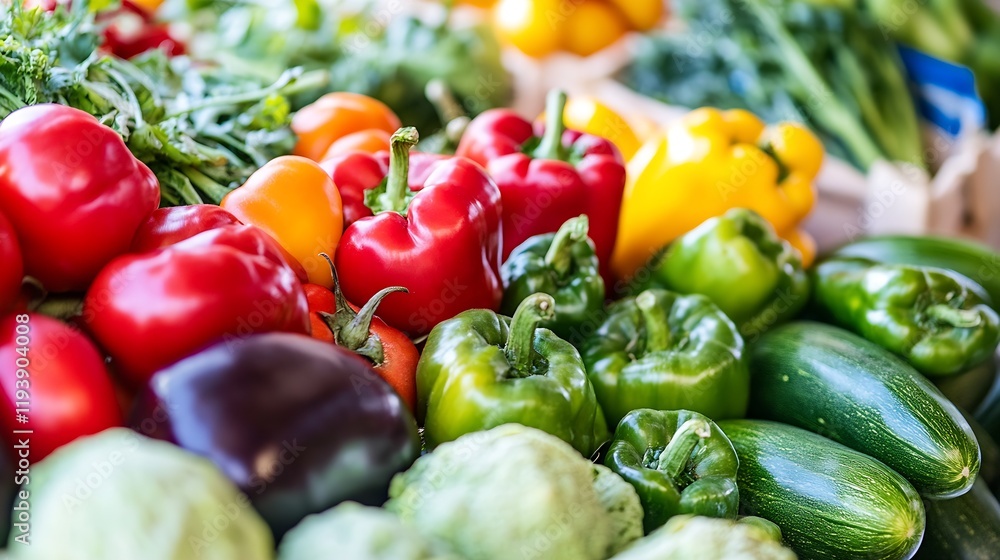 Poster diverse range of fresh bell peppers in red green and yellow with crisp vegetables : generative ai