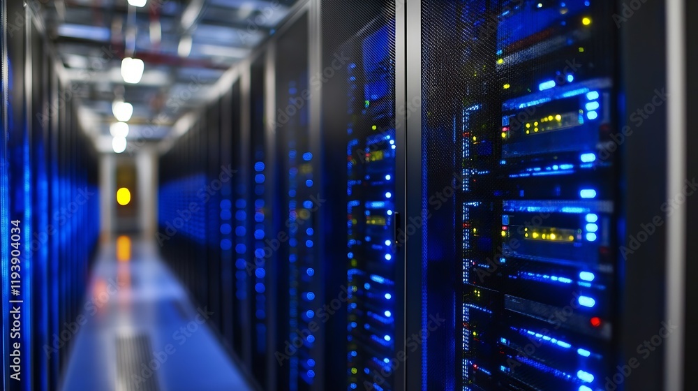 Poster modern data center with blue server racks and advanced technology lighting : generative ai