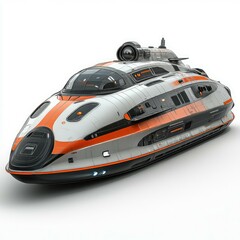 Futuristic Spaceship: A High-Tech Vessel for Galactic Exploration. Sleek Design, Orange and White Color Scheme. 3D Render.