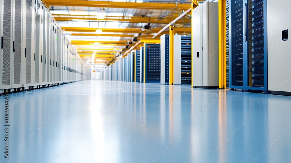 Poster High-Tech Server Room with Yellow and Blue Network Infrastructure and Advanced Servers : Generative AI