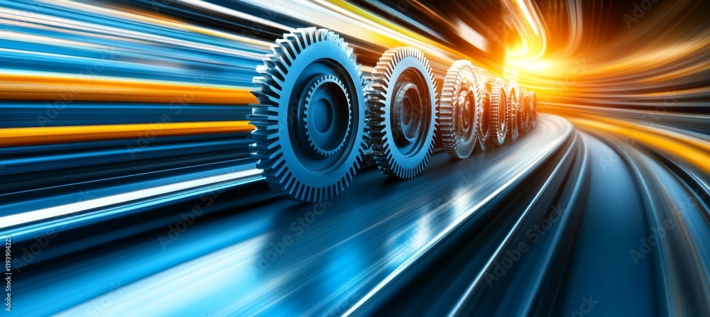 Poster dynamic abstract background featuring bright blue and yellow gears and cogs in motion