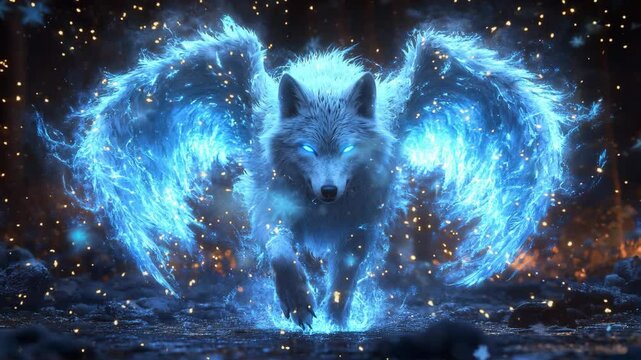 Mystical Blue Wolf with Glowing Wings Seamless Loop Background