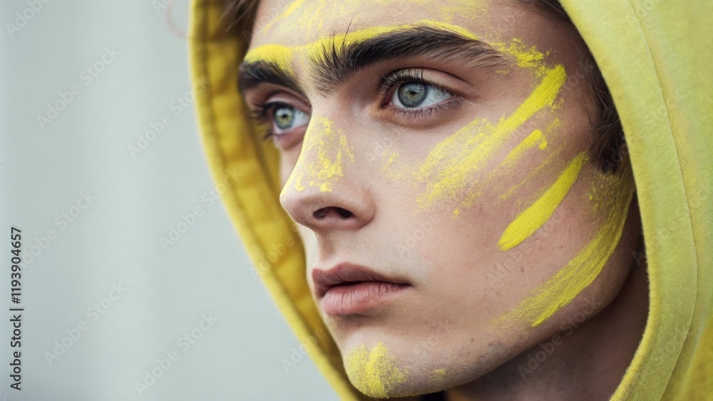 Poster a striking portrait of a person with expressive eyebrows one half of their face doused in soft paste