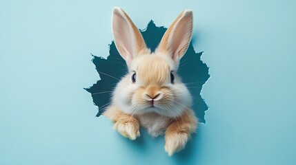 Obraz premium Cute rabbit peeking through hole studio animal photography blue background