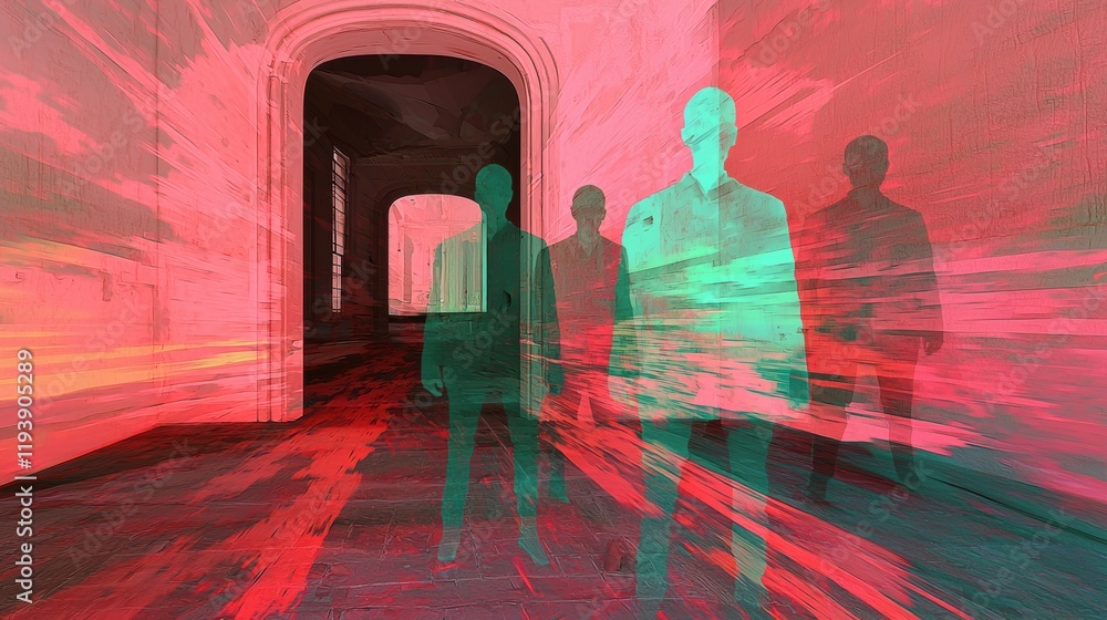 Poster surreal figures in motion within an abandoned building setting