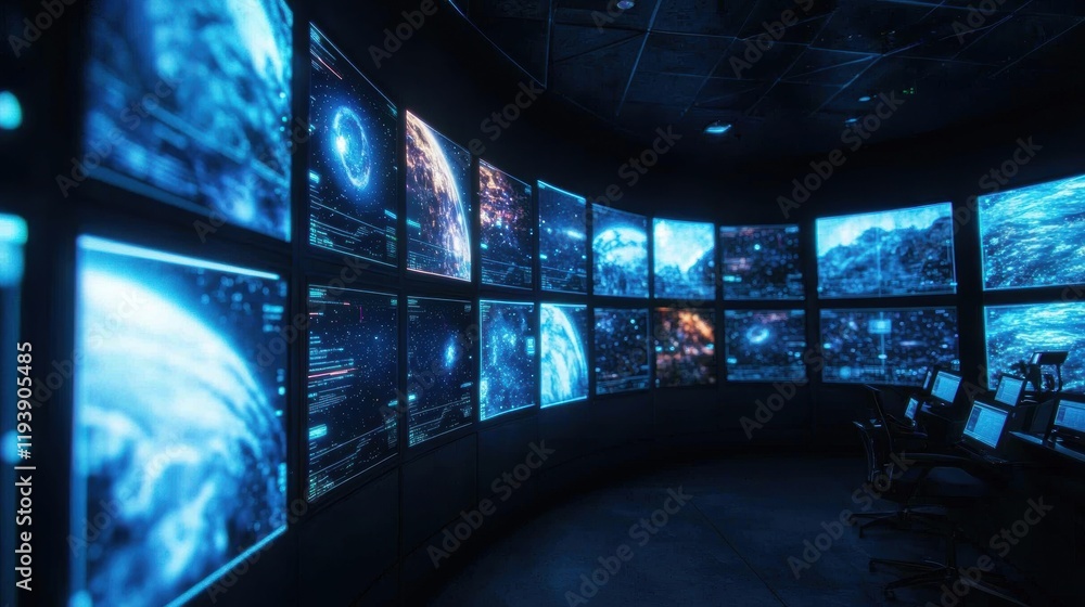Poster futuristic control room with screens displaying digital data