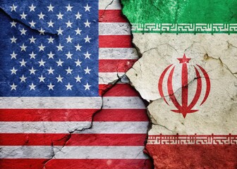 A damaged wall, painted with American and Iranian flags, visualizes the fractured relationship and ongoing geopolitical crisis.
