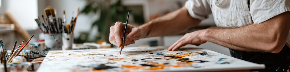 Fototapeta premium Artist Painting on Canvas with Thin Brush and Palette Knife