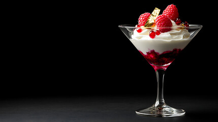 Gourmet frozen yogurt dessert: An elegant frozen yogurt dessert served in a martini glass with edible gold leaf, raspberries