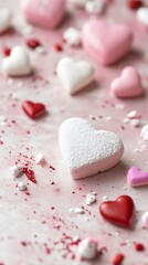 Obraz premium Playful Heart Shaped Marshmallows and Candy Sprinkles on Delicate Pink Valentines Background : Generative AI