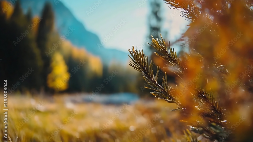 Poster serene mountain meadow scenery with autumn pine in the foreground : generative ai