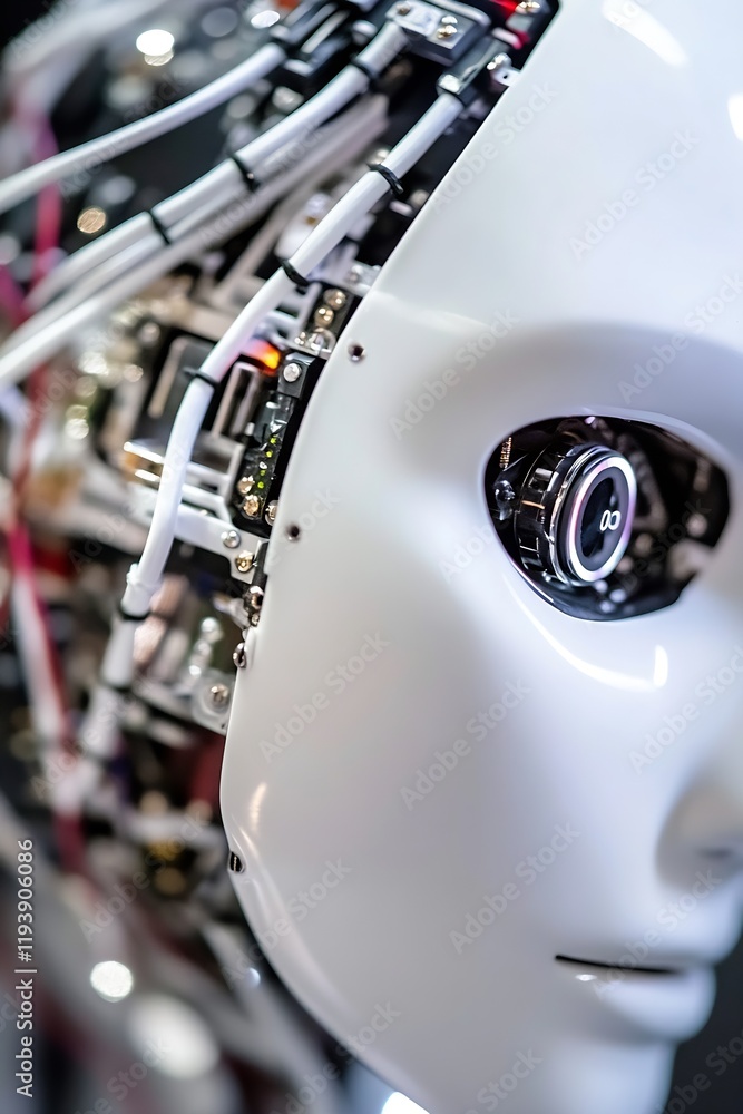 Poster Futuristic Robot Head with Exposed Internal Circuitry in Closeup View : Generative AI