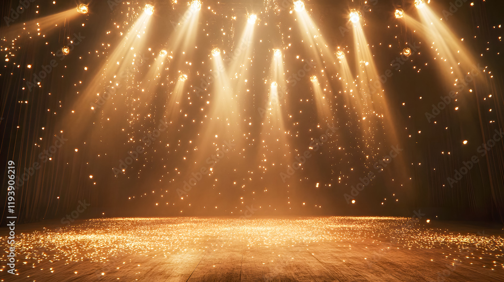 Poster stunning light rays and golden particles creating magical atmosphere on stage for performances and e