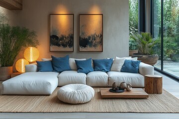 Minimalist Living Room Interior with Comfortable Sofa and Ambient Lighting