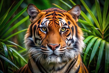 An aerial close-up reveals a Malayan tiger's striking orange coat, black stripes contrasting sharply against lush green foliage.