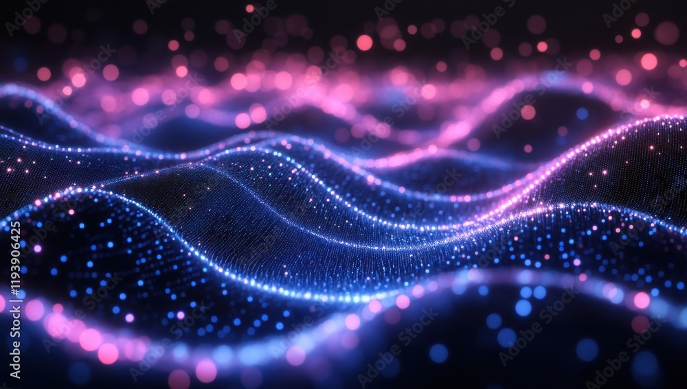Poster vibrant abstract waves of colorful light particles creatively intertwined in a dark space representi