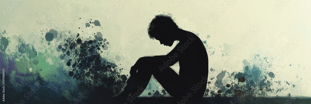 Poster Person sits in shadow surrounded by abstract elements reflecting mental turmoil and inner conflict. Generative AI
