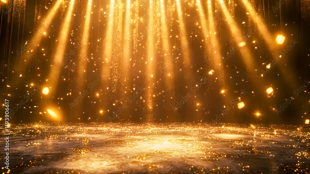 Poster magical golden lights with sparkling particles illuminating a dark stage for a captivating performan