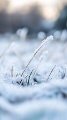 Obraz premium Close shot of frosted grass in icy winter landscape on cold morning : Generative AI