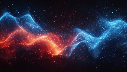 Vibrant Abstract Waves of Red and Blue Light with Sparkling Particles on a Dark Background Creating a Futuristic and Dreamlike Aesthetic