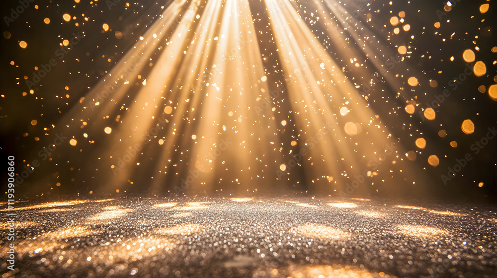 Poster golden light beams illuminating glittery surface with bokeh effect creating a magical atmosphere for