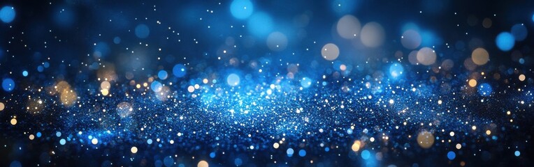 Fototapeta premium Vibrant and Ethereal Bokeh Effect with Sparkling Blue and Golden Lights Against a Dark Background for a Dreamy and Magical Atmosphere