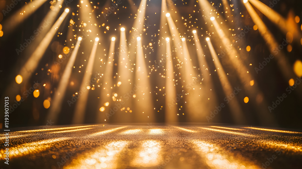 Poster dramatic stage lighting with golden spotlights and bokeh effect creating a stunning visual experienc