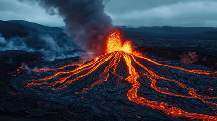 Fototapeta premium Erupting Volcano with Lava Flowing Downside in Dramatic Landscape