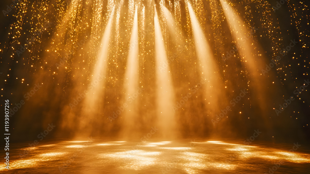 Poster dazzling golden light beams illuminating an empty stage with sparkling particles creating a magical 