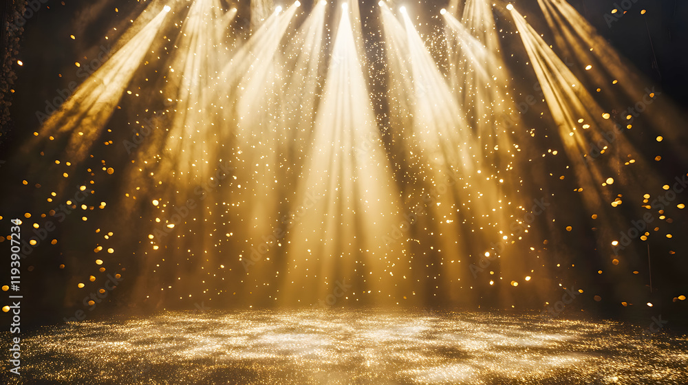 Poster stunning golden stage lighting with brilliant rays and sparkling particles creating a magical atmosp