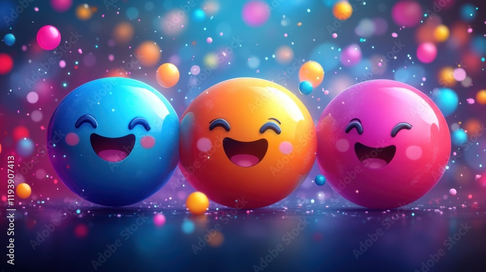 Aufkleber colorful and joyful smiling balls in a vibrant atmosphere with cheerful confetti and bokeh effects c