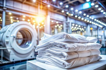 Bokeh photography captures stacked clean sheets in a bustling industrial laundry, highlighting textile production.