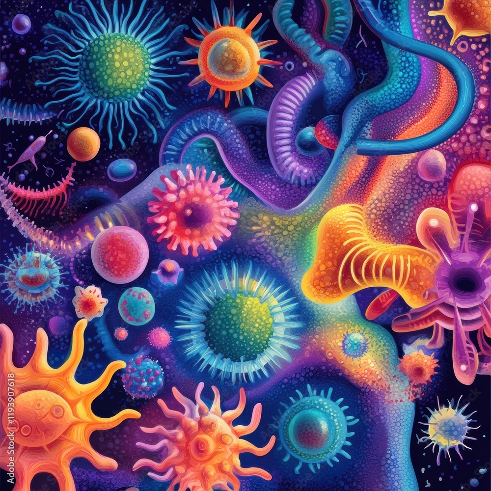 Aufkleber Colorful illustration showcasing diverse microscopic microbes in various shapes and textures in a vibrant environment. Generative AI