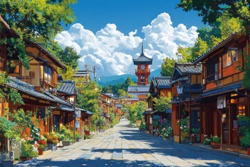 Fototapeta premium Kawagoe Clock Tower Scenic View Traditional Japanese Buildings Summer Tourist Attraction