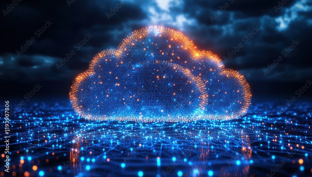 Poster vibrant digital cloud composition with glowing particles and network connections surrounded by dark 