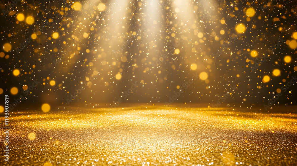 Poster shimmering golden background with sparkling light rays and glittering particles for celebrations and