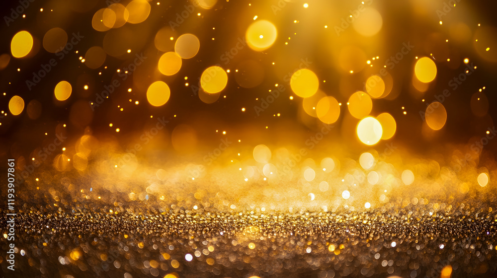 Poster golden glittering bokeh background with shimmering lights and soft focus for creative projects and c